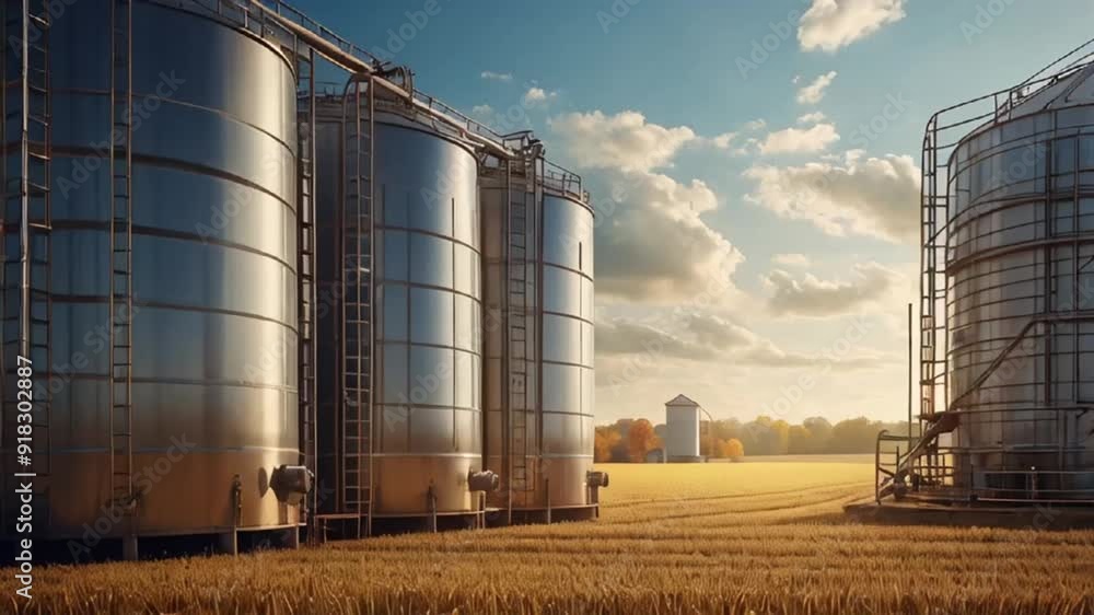 Agricultural storage and drying tanks for grain wheat field summer Agricultural storage and drying tanks for grain wheat field summer