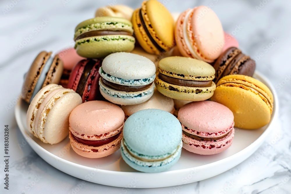 Colorful macarons on plate with marble background Colorful macarons on plate with marble background