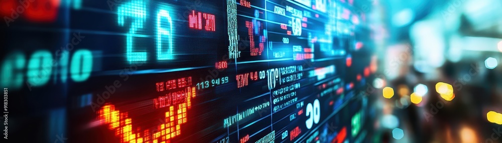 Vibrant stock market display with dynamic trading data and financial indicators in a bustling urban environment, showcasing global economy activity. Vibrant stock market display with dynamic trading data and financial indicators in a bustling urban environment, showcasing global economy activity.