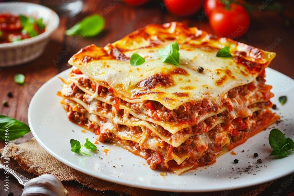 Appetizing lasagna with melted cheese and fresh basil on a white plate, rustic kitchen setting Appetizing lasagna with melted cheese and fresh basil on a white plate, rustic kitchen setting