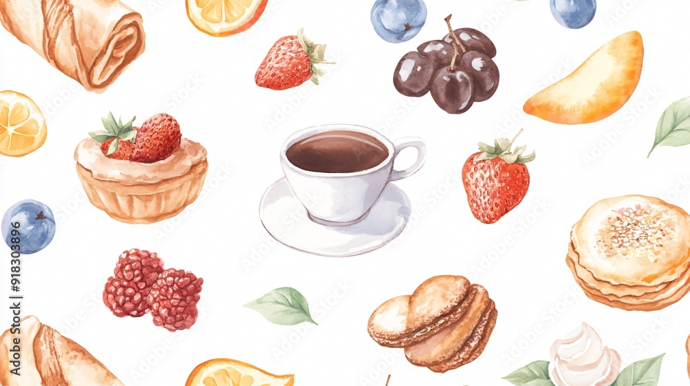 Coffee and sweets set with a variety of treats including cakes, croissants, and cookies, arranged with cups and other bakery items Coffee and sweets set with a variety of treats including cakes, croissants, and cookies, arranged with cups and other bakery items