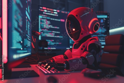 A futuristic robot working at a computer in a high-tech environment.