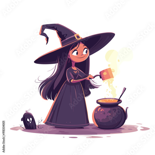 Cute Witch Stirring a Cauldron - Halloween Cartoon Illustration