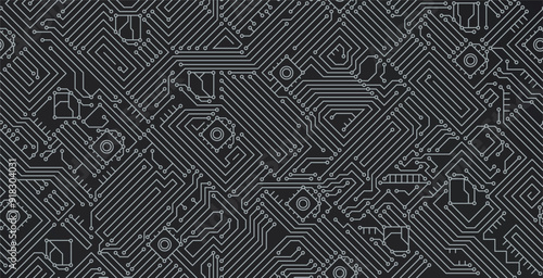 Electronic circuit of motherboard on black seamless background.