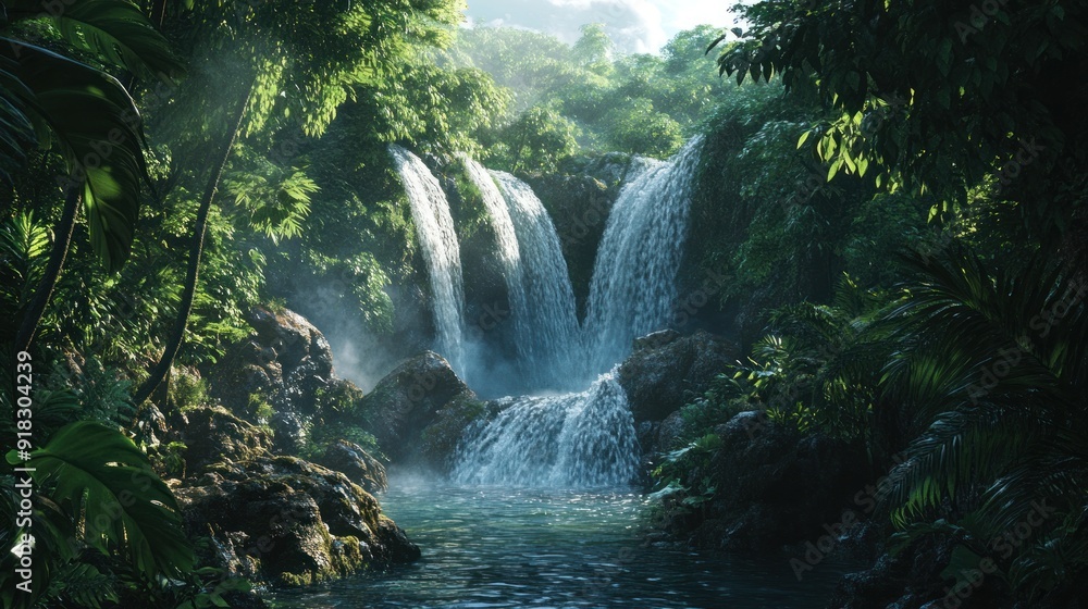 Lush Tropical Rainforest Waterfall with Mist and Sunlight Lush Tropical Rainforest Waterfall with Mist and Sunlight