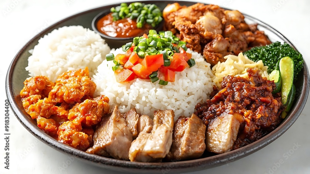 Delicious Indonesian Nasi Campur: A Plate of Steamed Rice with Assorted Dishes - Photo Delicious Indonesian Nasi Campur: A Plate of Steamed Rice with Assorted Dishes - Photo