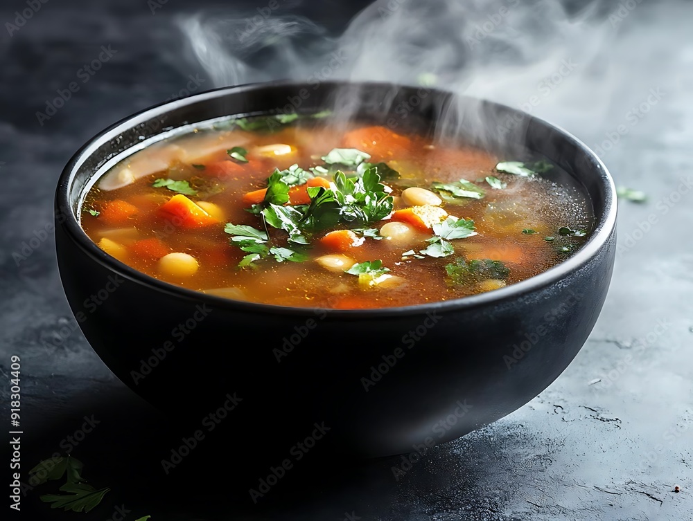 Steaming Bowl of Vegetable Soup with Parsley - Photo Steaming Bowl of Vegetable Soup with Parsley - Photo