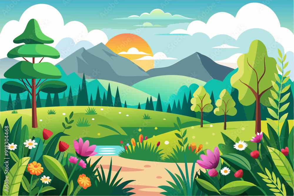 Naklejka premium Lush Green Valley Landscape with Flowers and a Stream
