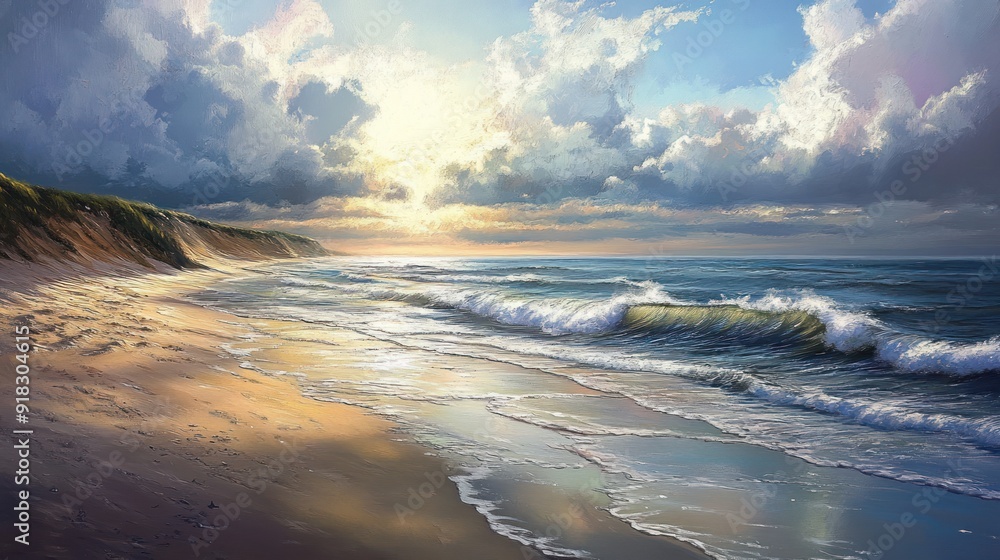 Seascape with a Sandy Beach and Foamy Waves Under a Cloudy Sky Seascape with a Sandy Beach and Foamy Waves Under a Cloudy Sky