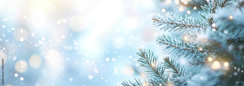 Snow-Covered Pine Branch with Blurry Lights and Snowflakes Snow-Covered Pine Branch with Blurry Lights and Snowflakes