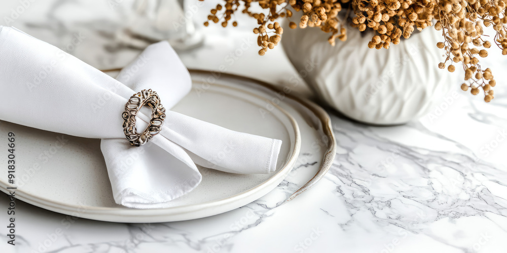 A napkin with a decorative creative ring on a minimal style table with copy space A napkin with a decorative creative ring on a minimal style table with copy space