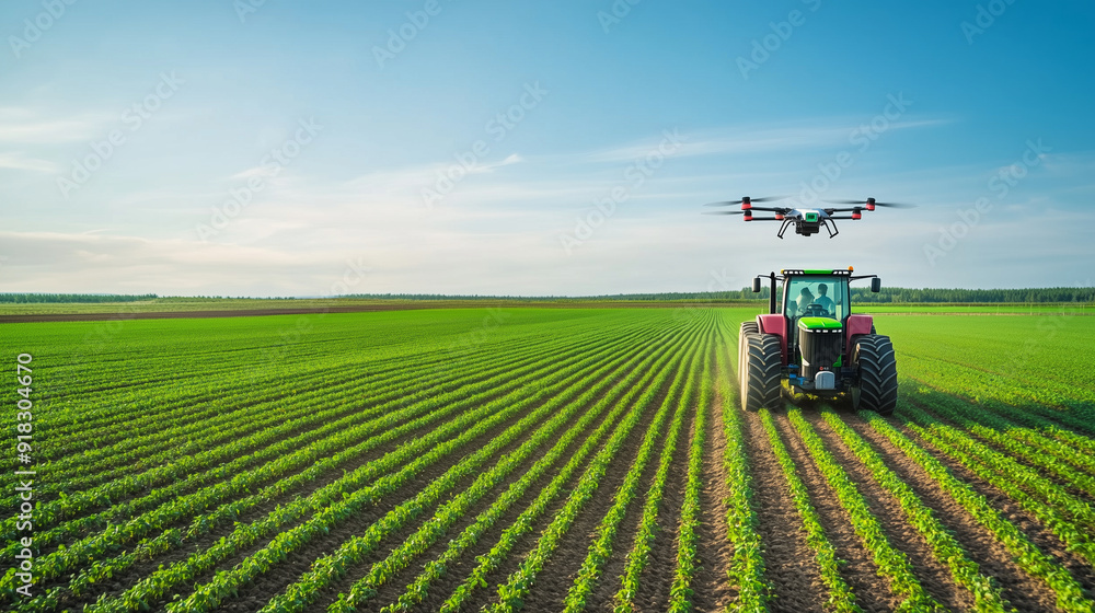 Automated tractors working in agricultural fields, Large fields where autonomous tractors equipped with GPS and sensors plow and seed crops, while drones monitor plant health, the Automated tractors working in agricultural fields, Large fields where autonomous tractors equipped with GPS and sensors plow and seed crops, while drones monitor plant health, the