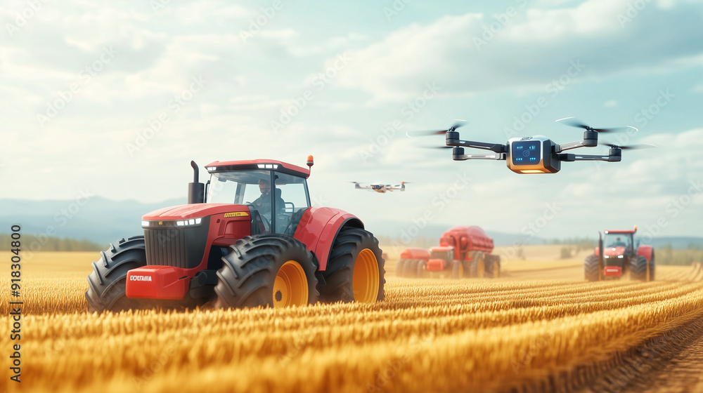 Obraz premium Futuristic farming with AI-driven technology, An advanced farm where AI-driven tractors and robotic harvesters operate seamlessly, with drones and automated irrigation ensuring opt