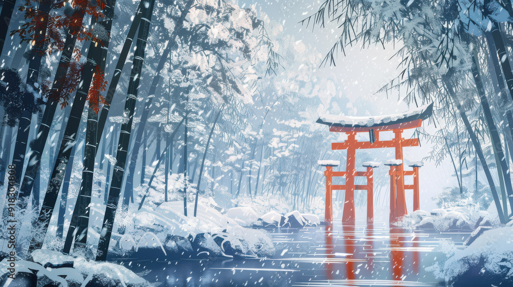 A serene winter scene in Kyoto, with snow-covered bamboo forest and a red torii gate A serene winter scene in Kyoto, with snow-covered bamboo forest and a red torii gate