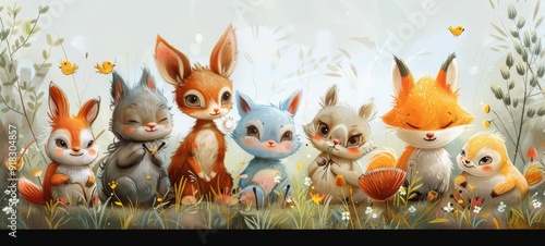 Fototapeta Naklejka Na Ścianę i Meble -  Cute woodland animals. A group of adorable woodland animals, including a fox, squirrel, and rabbit. The animals are set against a soft background with foliage. Ideal for children's illustrations