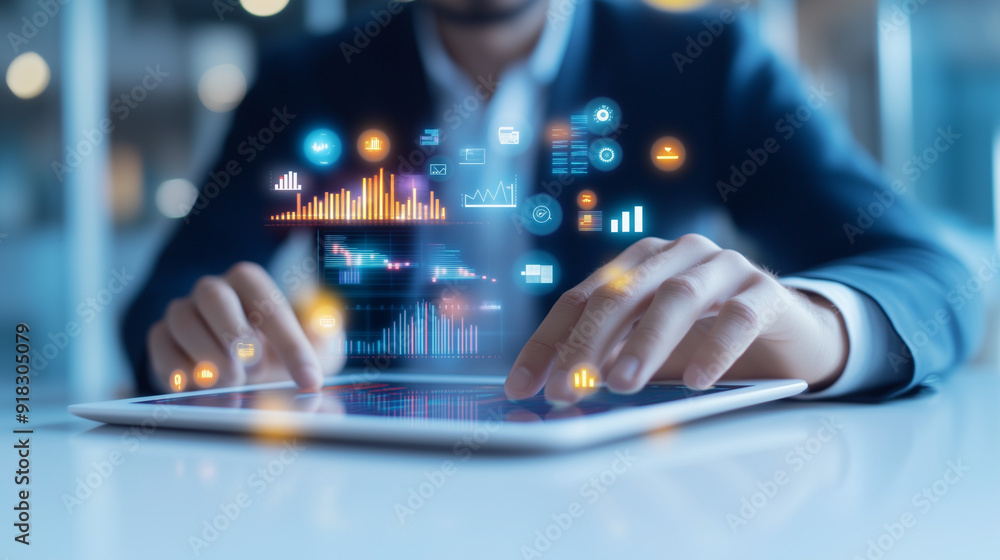 Businessman's hand typing on an iPad, with holographic digital icons floating above the screen, representing data analytics, real-time market analysis, graphs, charts, and statisti Businessman's hand typing on an iPad, with holographic digital icons floating above the screen, representing data analytics, real-time market analysis, graphs, charts, and statisti