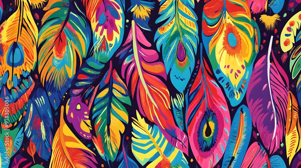 Mexican Art-Inspired Stylized Feather Pattern, Vibrant Color Palette, Ideal for Seamless Tiling Mexican Art-Inspired Stylized Feather Pattern, Vibrant Color Palette, Ideal for Seamless Tiling