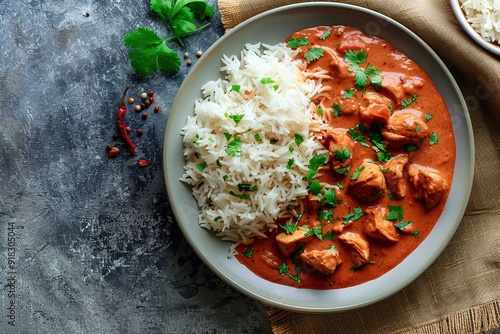 Delicious Indian butter chicken with basmati rice on table