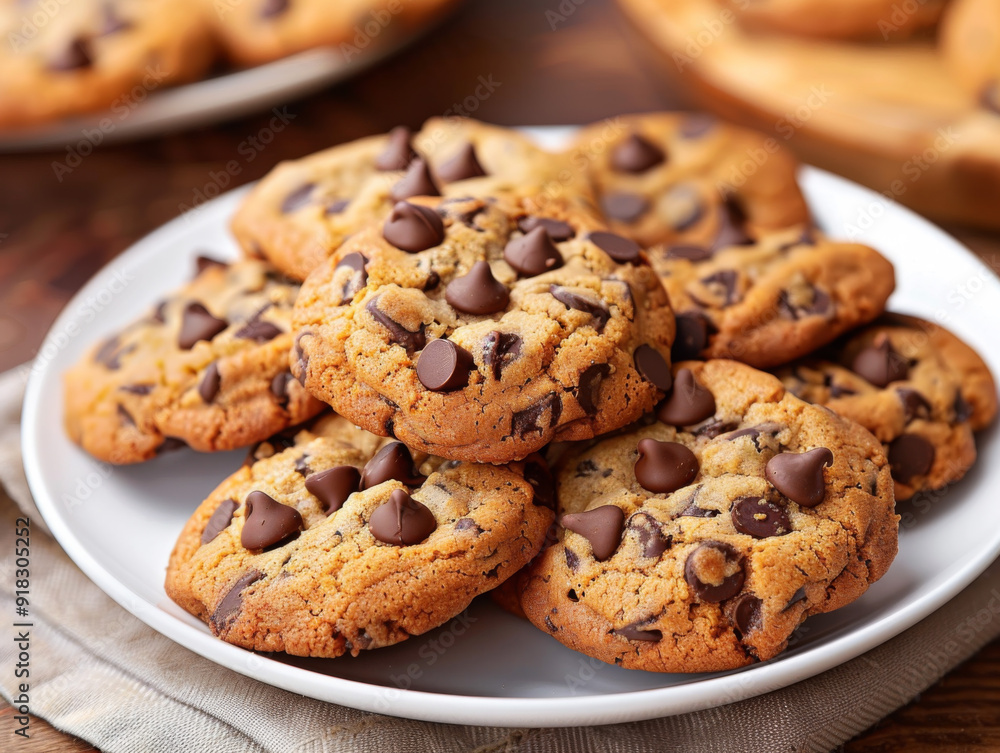 Close-up of a Plate of Chocolate Chip Cookies Close-up of a Plate of Chocolate Chip Cookies