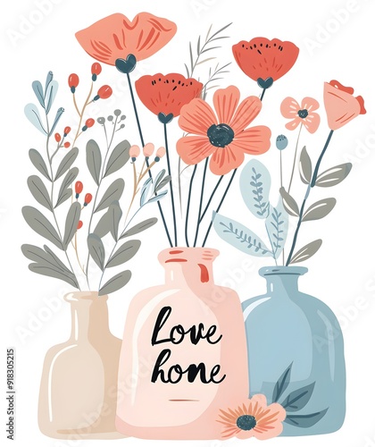 "Love home" flowers, pastel colors painting, clipart vector illustration minimalistic, clip art sticker design