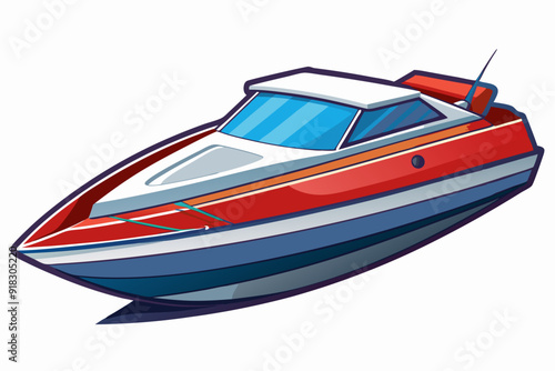 Red and blue speedboat with a white roof