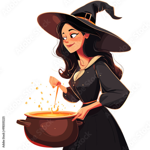 Cute Witch Stirring a Cauldron - Halloween Cartoon Illustration