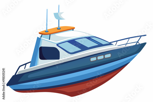 Cartoon Illustration of a Blue and White Motorboat with a Flag