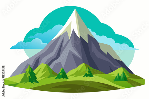 A stylized depiction of a mountain range with snowcapped peaks, green hills, and a blue sky.