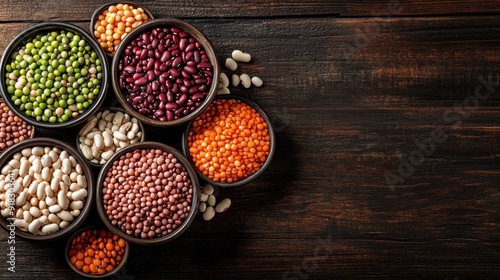 Various beans and legumes in bowls on dark wooden background, top view, healthy eating concept