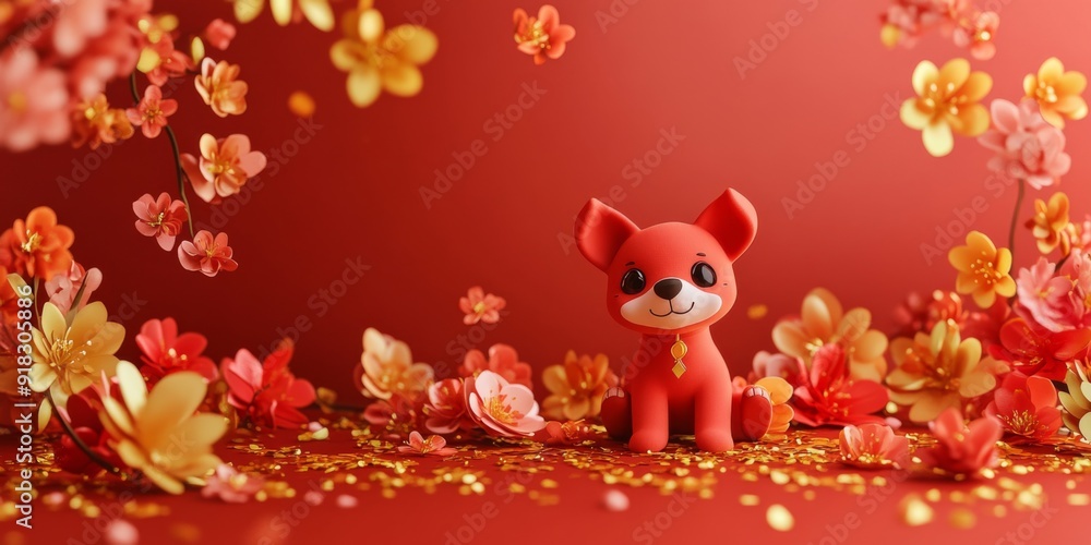 Fototapeta premium Chinese Zodiac Adorable Red Dog in 3D Illustration: A Minimalist Chinese-Themed Design with Floral Elements, Gold Foil Style, and Red Gradient for a Joyful Chinese New Year Celebration.