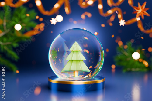 A festive snow globe featuring a Christmas tree, surrounded by holiday decorations and lights. 3d rendering photo