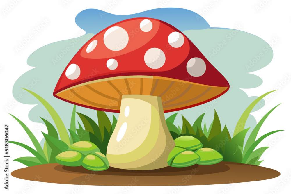 Red and White Mushroom with White Spots Growing in Green Grass Red and White Mushroom with White Spots Growing in Green Grass