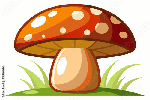 Cartoon Red and White Spotted Mushroom with Green Grass