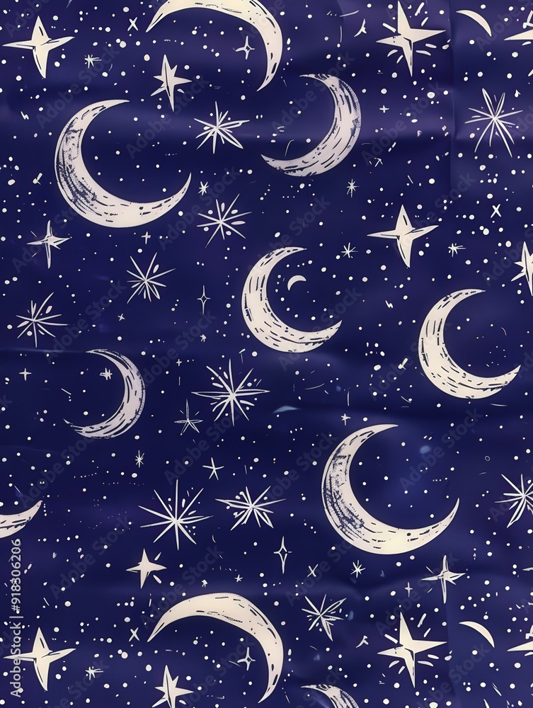 Fototapeta premium Dark blue textile fabric featuring a printed pattern of white crescent moons and hand-drawn stars for celestial home decor.