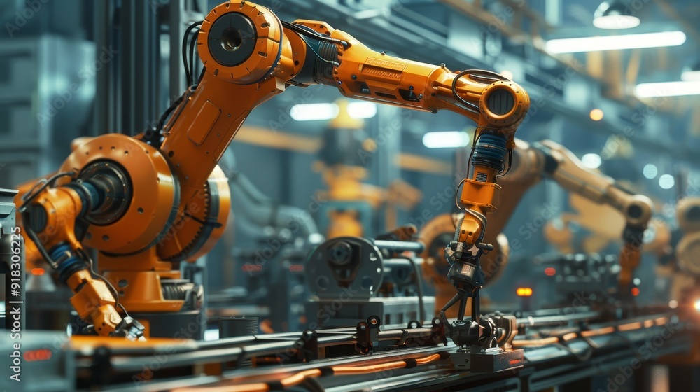 Industrial robots operating on an assembly line in a factory setting during the day Industrial robots operating on an assembly line in a factory setting during the day