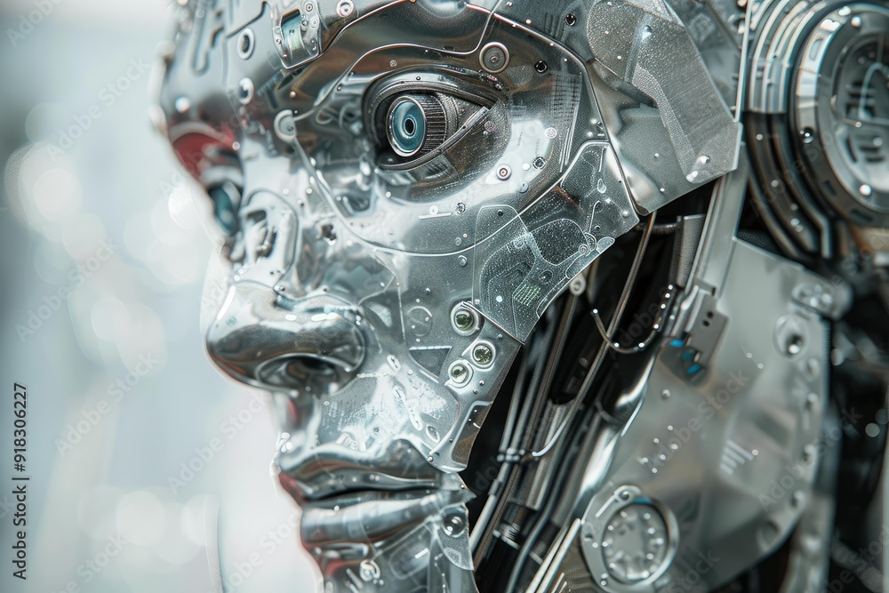 Closeup image of a humanoid robot face showcasing intricate mechanical design and cybernetic eye Closeup image of a humanoid robot face showcasing intricate mechanical design and cybernetic eye