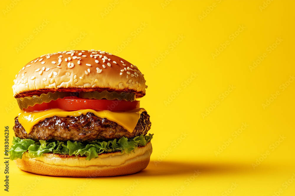 juicy burger on yellow background with copy space juicy burger on yellow background with copy space
