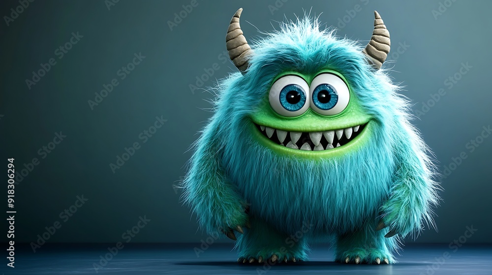 Fototapeta premium 3D cartoon monster character with big eyes and a big smile on dark background AI Generated