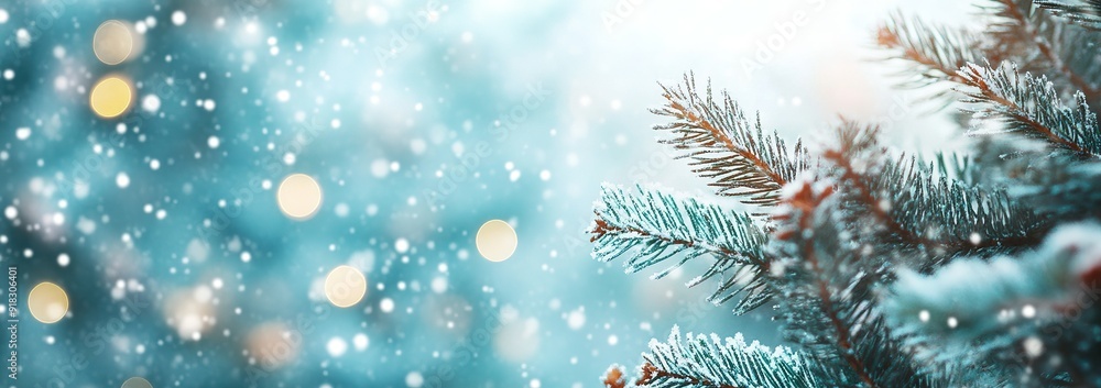 Snow-Covered Pine Branch Against a Blurred Blue Background with Bokeh Lights Snow-Covered Pine Branch Against a Blurred Blue Background with Bokeh Lights