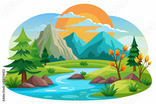 Scenic Mountain Landscape with River and Trees