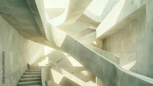 An endless staircase that twists and turns through a series of floating geometric shapes