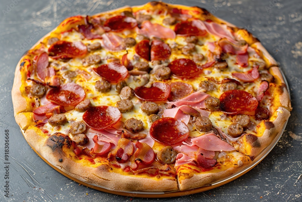 Fresh pepperoni and sausage pizza on dark background Fresh pepperoni and sausage pizza on dark background