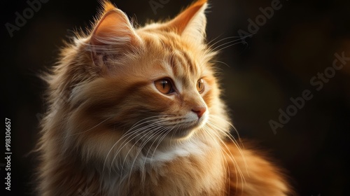 Close-up of a fluffy orange cat with detailed fur and bright eyes, captured in soft natural light against a dark background