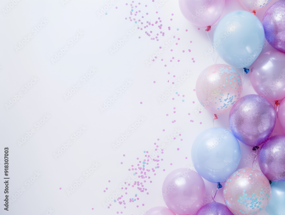 Pastel Balloons and Confetti on White Background Pastel Balloons and Confetti on White Background