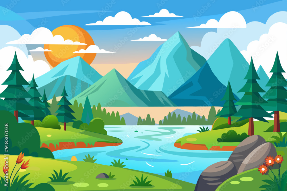 Fototapeta premium Serene Mountain Landscape with Winding River and Lush Greenery