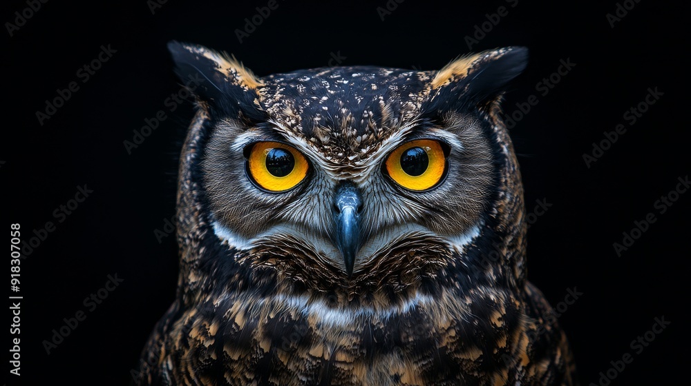 Fototapeta premium Owl with bright yellow eyes staring directly at the camera in a close-up portrait, detailed feathers visible, isolated against a black background