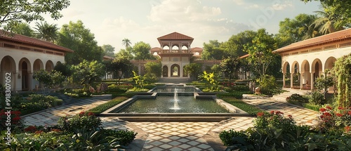 A traditional Charbagh garden design showcasing the iconic four-part layout with central water channels photo