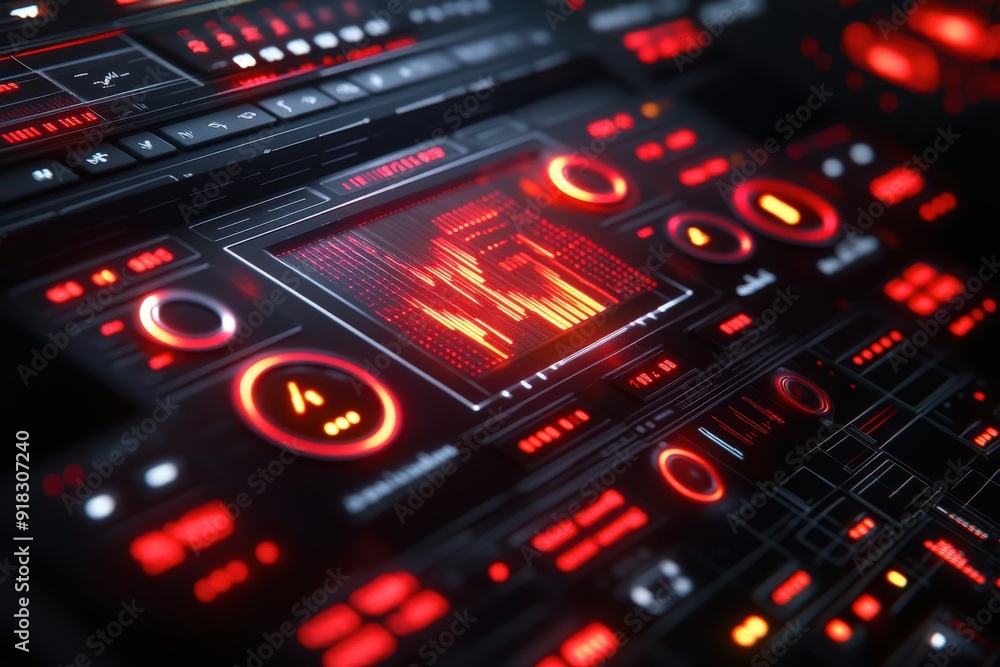 Futuristic control panel with vibrant red and black design, displaying audio waveforms. Futuristic control panel with vibrant red and black design, displaying audio waveforms.