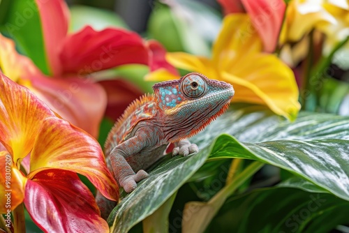 Chameleon blending into a colorful flower. photo