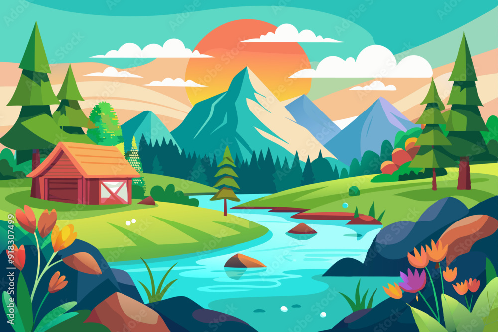 Fototapeta premium A Cabin Nestled in a Serene Mountain Valley with a Winding River